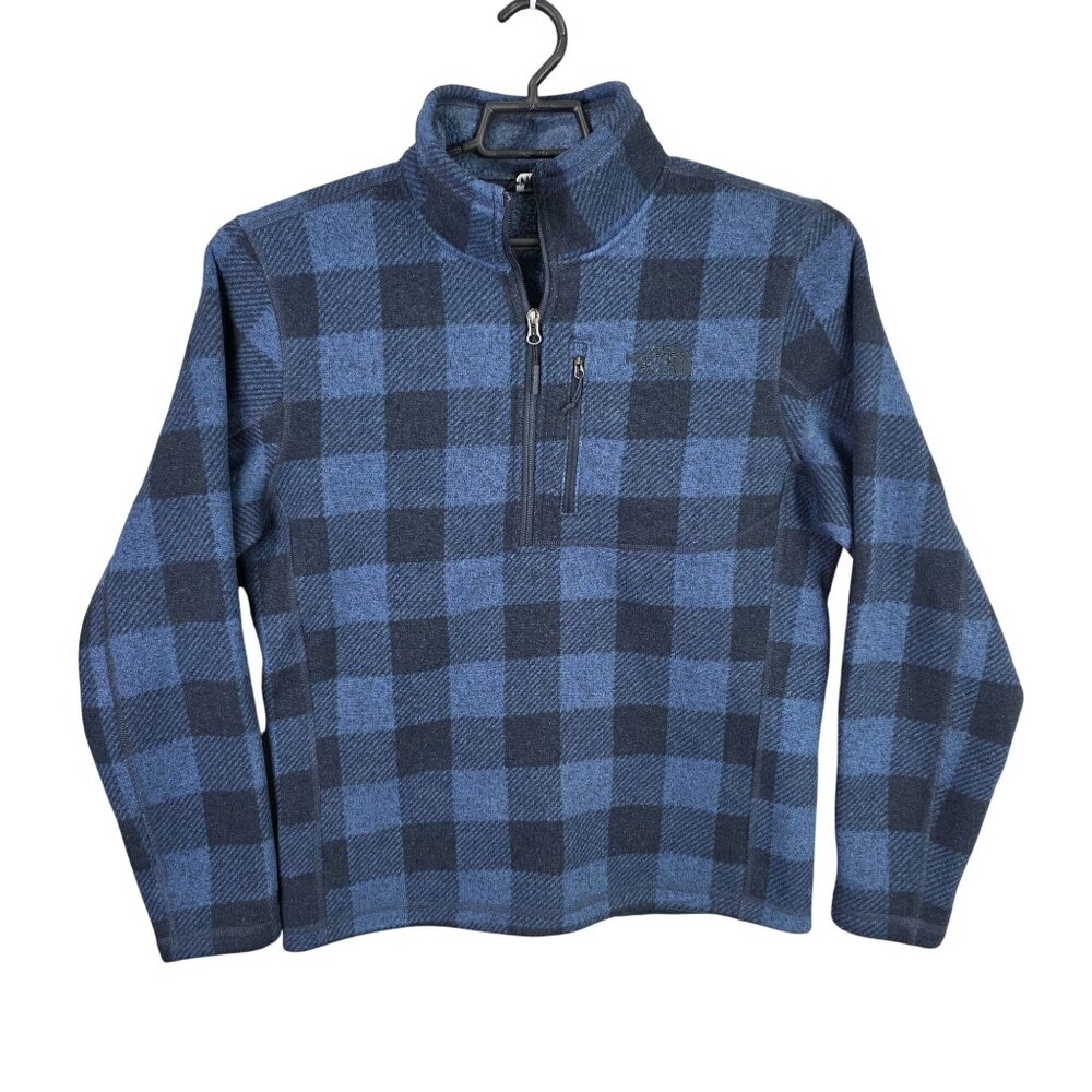 Mens North Face Blue & Black Plaid 1/4 Zip Fleece Pullover Sweater Polyester M